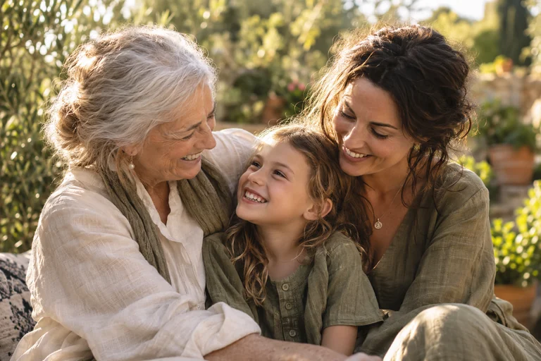 Grandmother, mother and daughter sharing a moment together