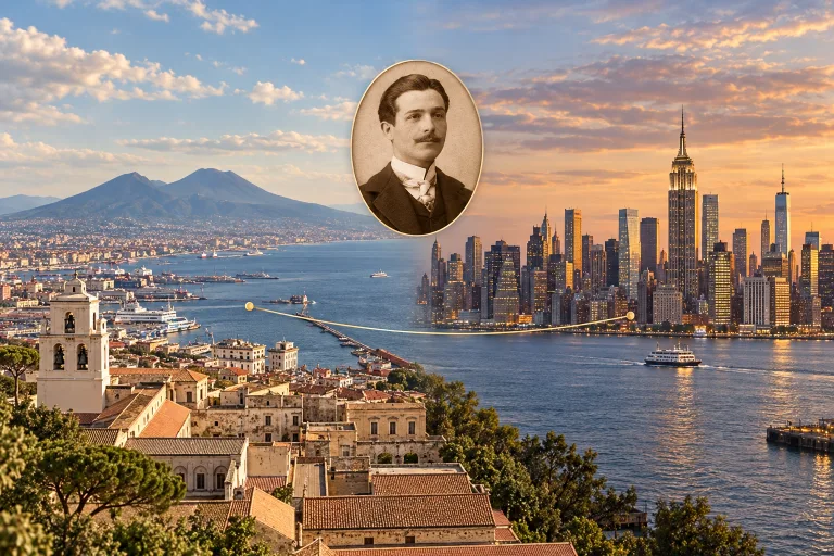 Illustrated journey connecting views of Naples and New York through Giovanni's portrait