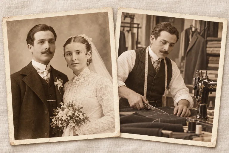 Illustrative archival photographs of Giovanni and Rosa's wedding and his later tailoring shop